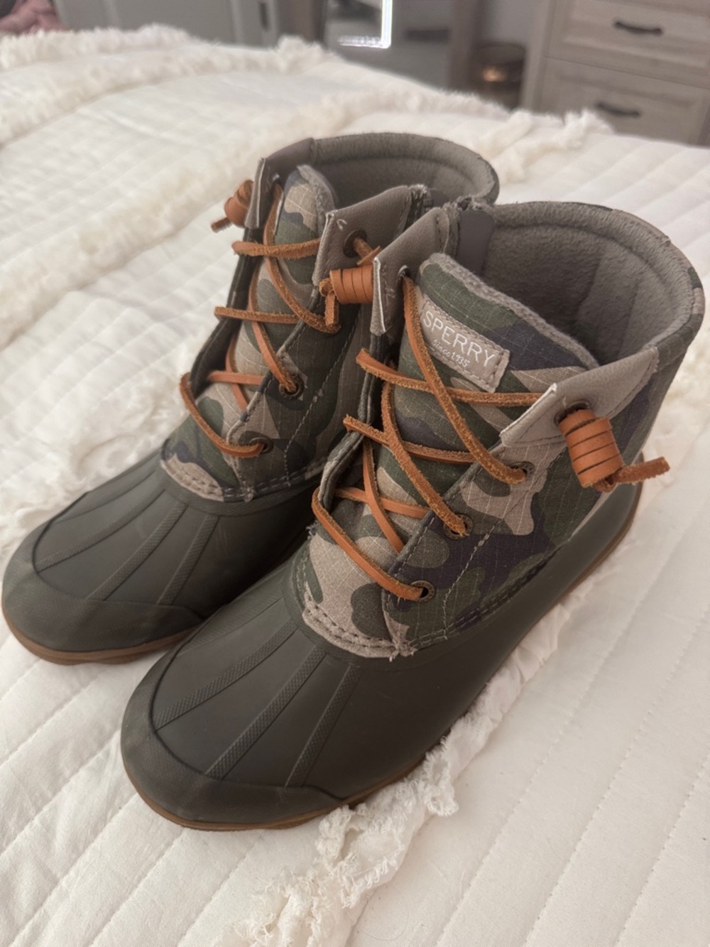 Sperry Olive/Camo Duck Boots with Tan Leather Laces